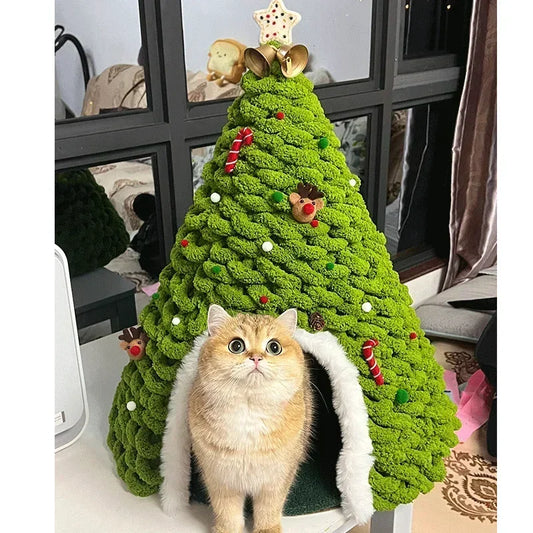 Cozy Christmas Tree Cat Bed DIY Kit - Yarn & Felt Craft for Pets